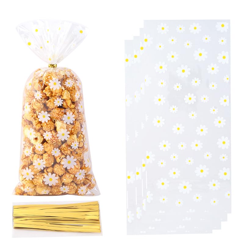 CPTBAG Spring Daisy Treat Bags 100pcs Groovy White Daisy Flower Party Cellophane Plastic Gift Goodie Cookies Candy Bags with Twist Ties Clear for Wedding Birthday Spring Hippie Daisy Flower Party Supplies - Image 2