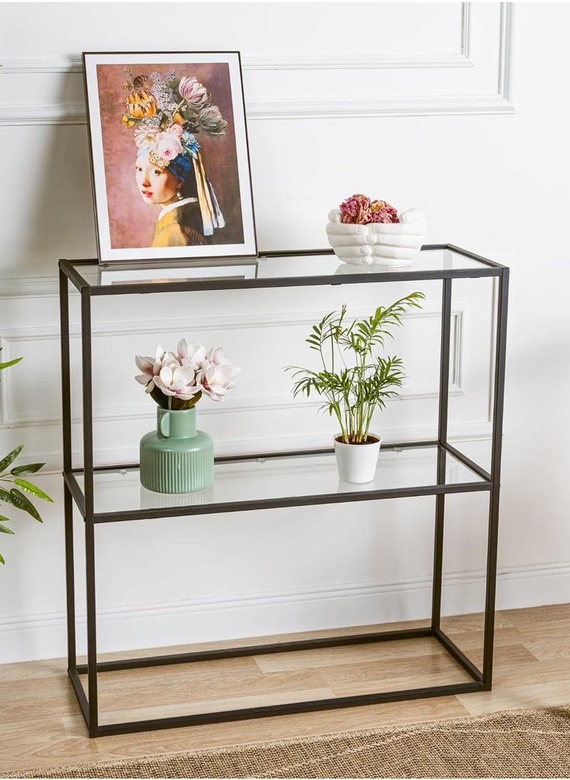 HOME TASTE TOMSUN Console Table with Storage Glass Shelve Pre Assembled Two-Tier Glass and Metal Shelving Unit for Modern Spaces  - Image 1