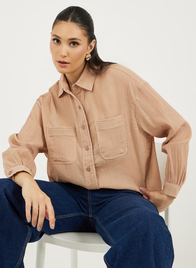 Styli Dropped Shoulder Crepe Oversized Shirt with Patch Pocket - Image 1