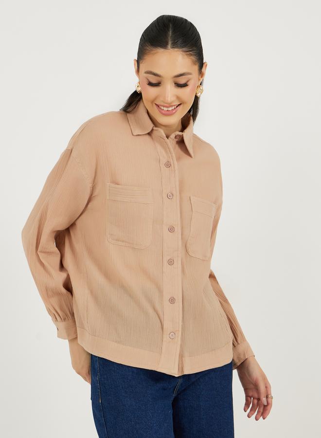 Styli Dropped Shoulder Crepe Oversized Shirt with Patch Pocket - Image 3