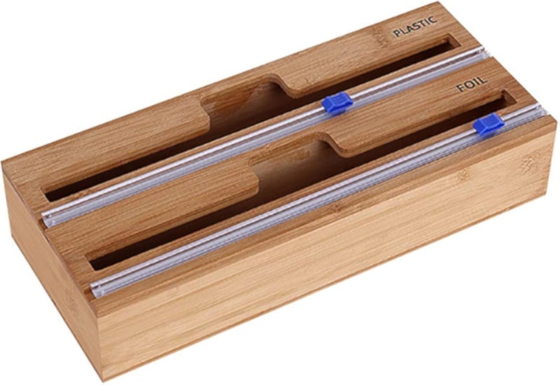 موزع وقاطع غلاف الطعام المصنوع من خشب البامبو الطبيعي، حامل غلاف الطعام، منظم، ورق قصدير ألومنيوم، ورق شمع، ورق زبدة، صندوق تخزين وتقطيع، لوازم مطبخ