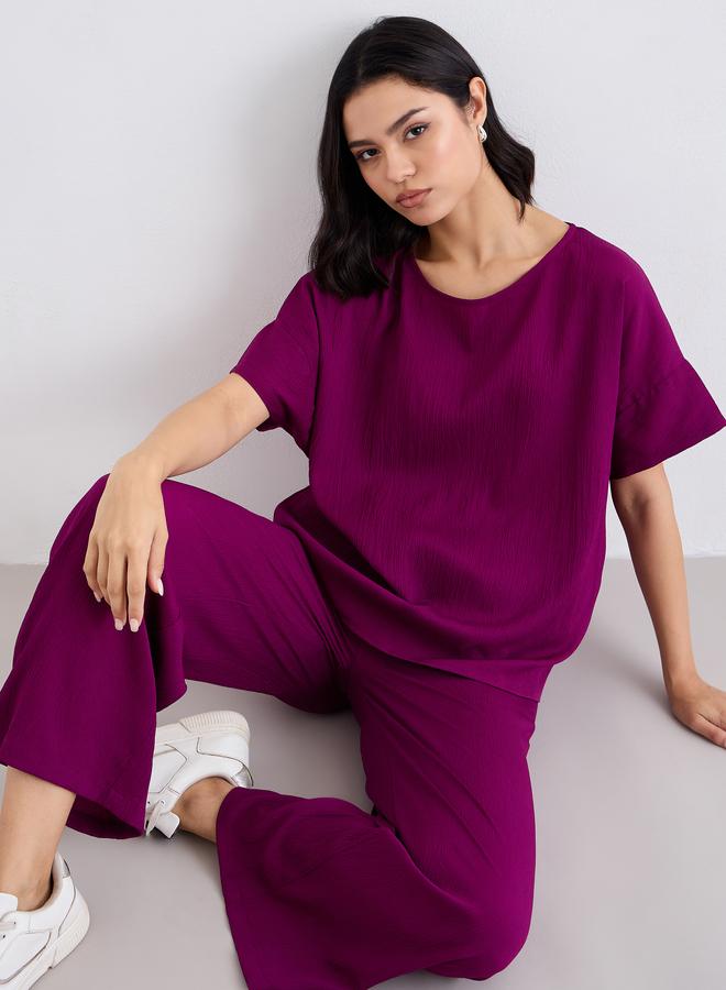 ستايلي طقم بلوزة مستديرة بياقة مضلعة وبنطلون واسع - Image 5