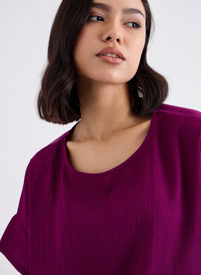 ستايلي طقم بلوزة مستديرة بياقة مضلعة وبنطلون واسع - Image 3