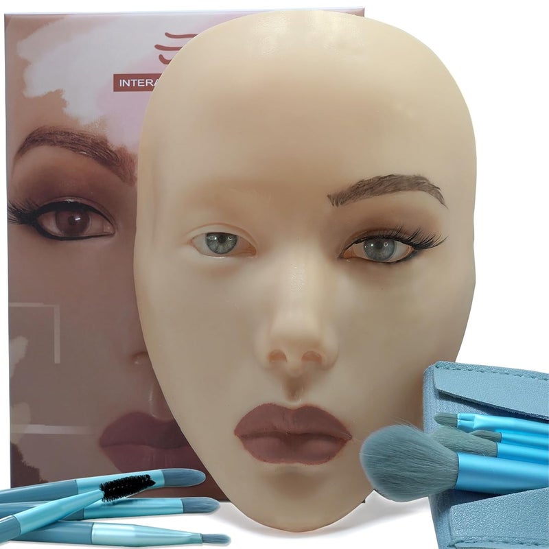 لوحة وجه ممارسة المكياج 5D، وجه دمية مكياج سيليكون، وجه ممارسة مكياج العين للمبتدئين قابل لإعادة الاستخدام، عين مزيفة سيليكون، وجه كامل لممارسة المكياج فنان المكياج محاكاة قلم كحل ظل عين رموش