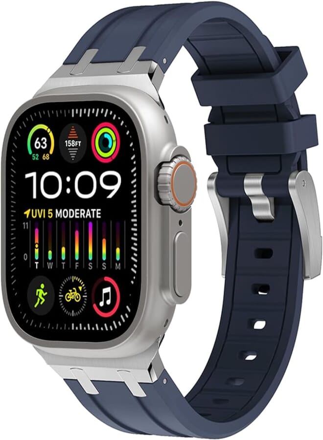 Wingle for Apple Watch Ultra Band 49mm 45mm 44mm 42mm for Men, Liquid Silicone Rubber Band for iWatch Series 8 7 6 5 4 SE Ultra, Luxury Cool Designed AP Rubber Watch Strap with Stainless Steel Adapter