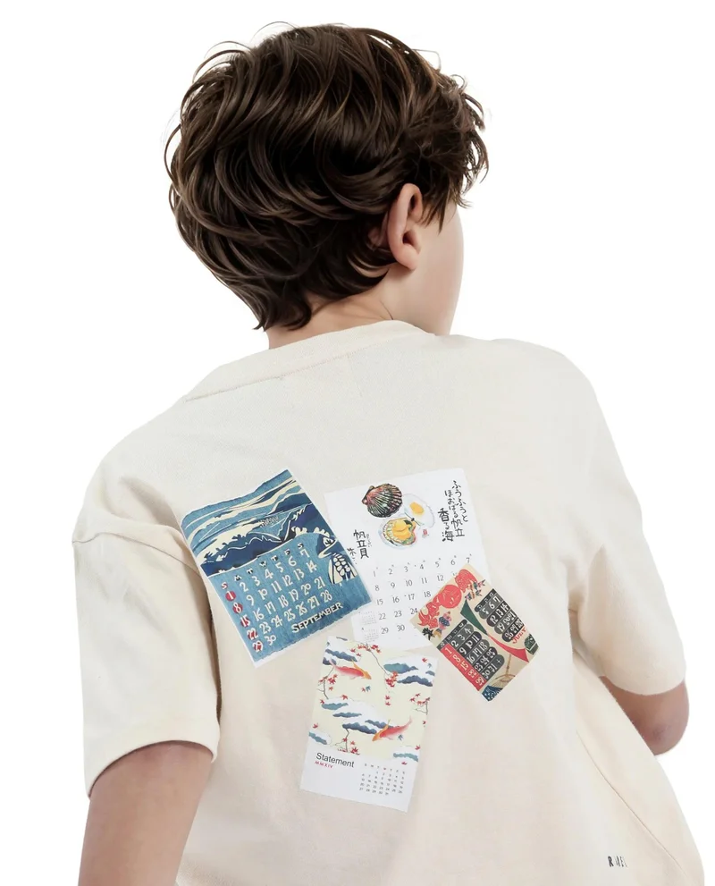Rare Ones Rare Ones Kids Voy-K Light Beige Cotton Graphic Print Slip-On Oversized Fit T-Shirt