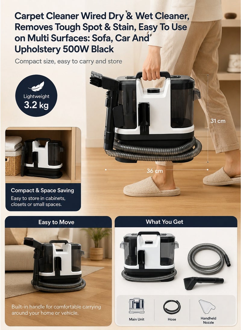 X-Panda Carpet Cleaner Wired Dry & Wet Cleaner, Removes Tough Spot & Stain, Easy To Use on Multi Surfaces: Sofa, Car And Upholstery 500W Black - Image 2