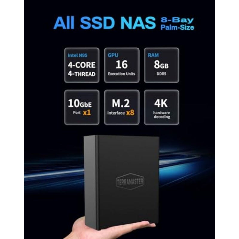 TERRAMASTER F8 SSD 8-Bay All-Flash NAS N95 8GB DDR5 10GbE Diskless Supports eight M.2 NVMe SSDs and up to 64TB in a compact lightweight NAS for fast photo video and media storage. - Image 2