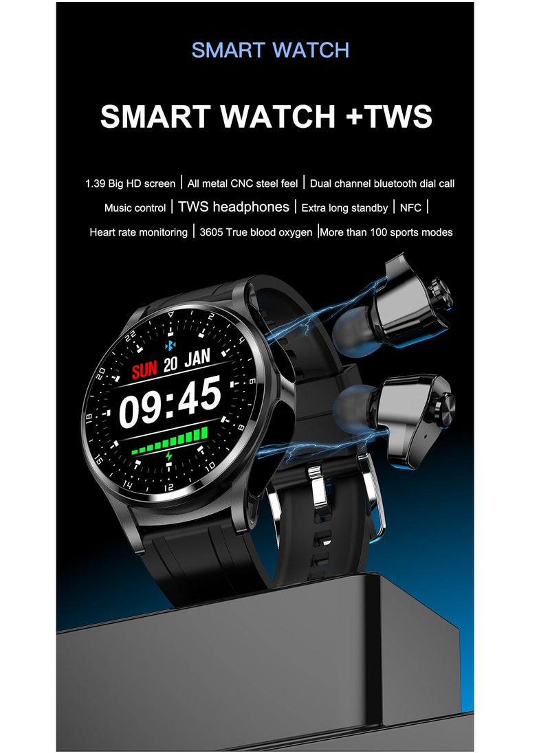 AROAQ - GT66 Smart Watch with TWS Earphones NFC Music Control 1.39 HD Screen Bluetooth Call Healthy Monitoring 100+ Sports Modes - Image 1