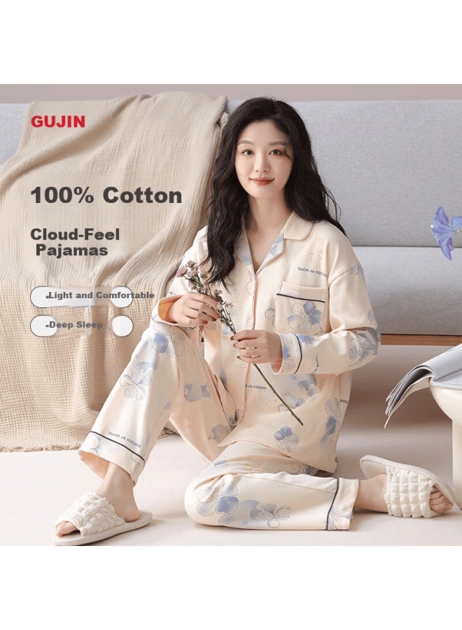 Gujin Women's Cotton Pajama Set Spring Autumn Long Sleeve Cardigan Collar Long Pants  New Comfortable Homewear Suitable For Outdoors