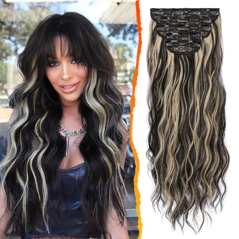 BARSDAR Clip in Hair Extensions  20 Inch Highlight Wavy Clip in Hair Extensions for Women  5PCs Thick Soft Synthetic Clip in Hairpieces Daily Party Halloween Black Mix Blonde