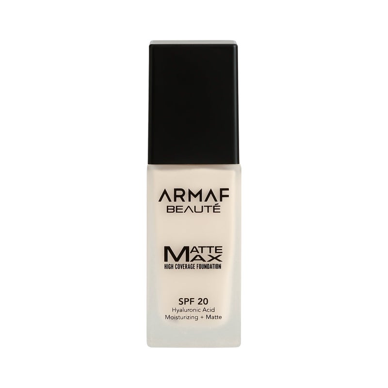 Armaf Beaute Face Make Up Matte Max High Coverage Liquid Foundation SPF 20 30ml, Ivory Colour, Hyaluronic Acid, Moisturizing & Matte Finish Foundation, Lightweight Formula, For All Skin Types
