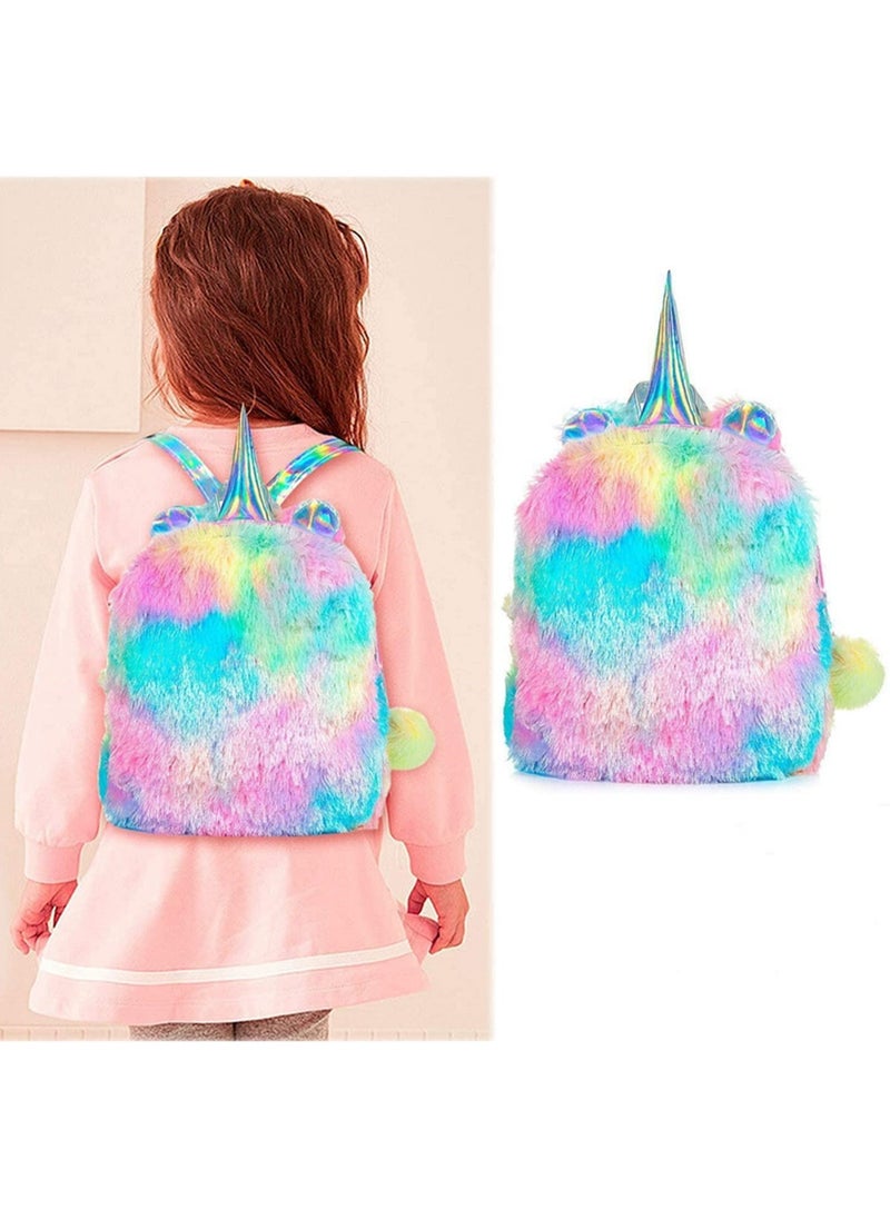 Generic Plush Mini Backpack for Girls Soft Shiny Rainbow School Bag Travel Hiking Gift Adjustable Straps Top Handle PU Material Eye Catching Large Compartment Inner Pouch  - Image 1