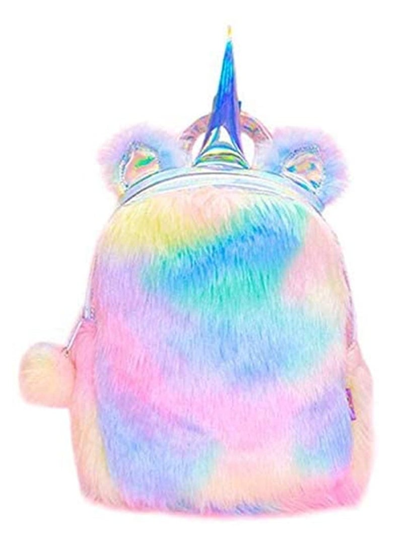 Generic Plush Mini Backpack for Girls Soft Shiny Rainbow School Bag Travel Hiking Gift Adjustable Straps Top Handle PU Material Eye Catching Large Compartment Inner Pouch  - Image 3