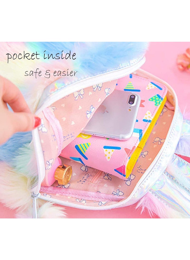 Generic Plush Mini Backpack for Girls Soft Shiny Rainbow School Bag Travel Hiking Gift Adjustable Straps Top Handle PU Material Eye Catching Large Compartment Inner Pouch  - Image 5
