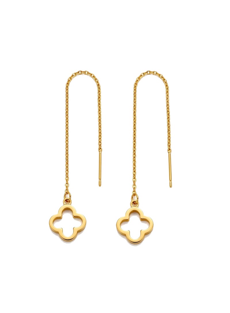 Julia Store 18K Gold Plated Stainless Steel Aesthetic Exquisite Luxury Elegant Dainty Cute Trendy High-End Hypoallergic Hollow Four Leaves Love Lucky Flower Pull Through Threader Earrings Jewelry Gift For Women - Image 1