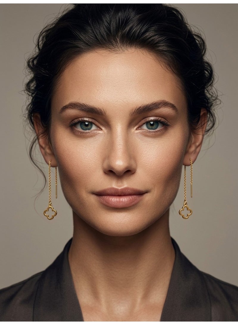Julia Store 18K Gold Plated Stainless Steel Aesthetic Exquisite Luxury Elegant Dainty Cute Trendy High-End Hypoallergic Hollow Four Leaves Love Lucky Flower Pull Through Threader Earrings Jewelry Gift For Women - Image 5