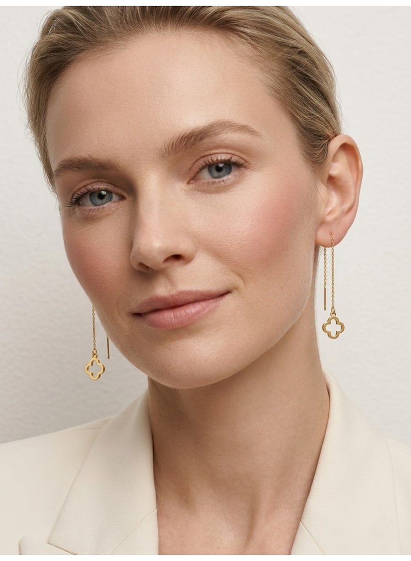 Julia Store 18K Gold Plated Stainless Steel Aesthetic Exquisite Luxury Elegant Dainty Cute Trendy High-End Hypoallergic Hollow Four Leaves Love Lucky Flower Pull Through Threader Earrings Jewelry Gift For Women - Image 4