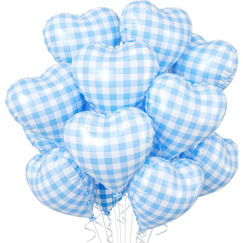 Biapian Blue White Checkered Heart Balloons 10 Pcs Light Blue Grid Heart Shape Balloon 18 Inch Lattice Foil Valentines Balloons for Kids Boys Birthday Wedding Valentines Bridal Baby Shower Party Decorations - Image 3