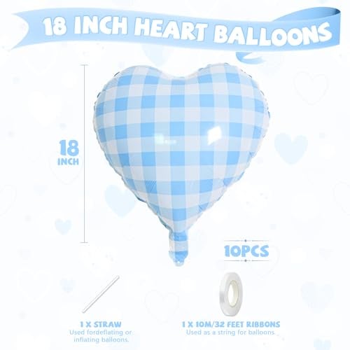 Biapian Blue White Checkered Heart Balloons 10 Pcs Light Blue Grid Heart Shape Balloon 18 Inch Lattice Foil Valentines Balloons for Kids Boys Birthday Wedding Valentines Bridal Baby Shower Party Decorations - Image 5