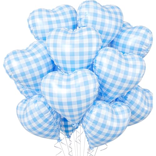 Biapian Blue White Checkered Heart Balloons 10 Pcs Light Blue Grid Heart Shape Balloon 18 Inch Lattice Foil Valentines Balloons for Kids Boys Birthday Wedding Valentines Bridal Baby Shower Party Decorations - Image 1