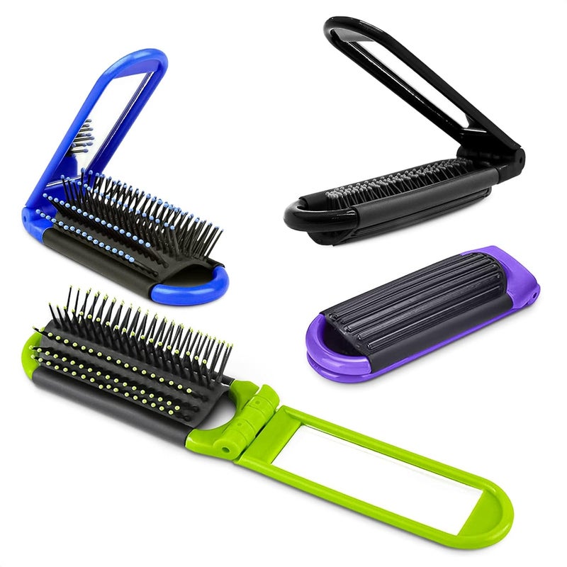 Travel Hair Brush Set of 4  Folding Hair Brush with Builtin Mirror and Massage Comb in 4 Colors Portable Plastic Nylon Compact Size 425in L Easy to Use Great for Traveling and Gifting