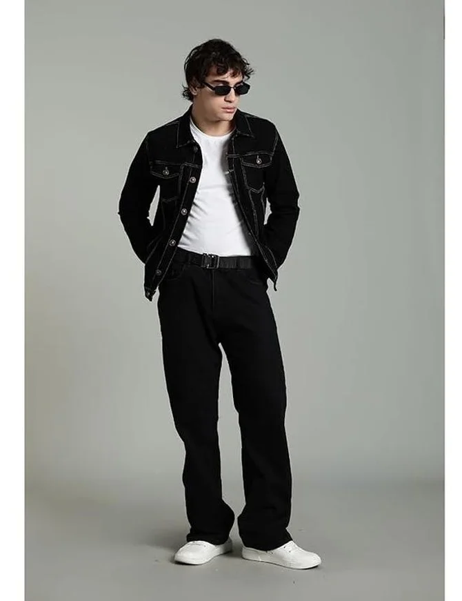 inkd سترة جينز مطاطية من مزيج القطن للرجال بطول قياسي