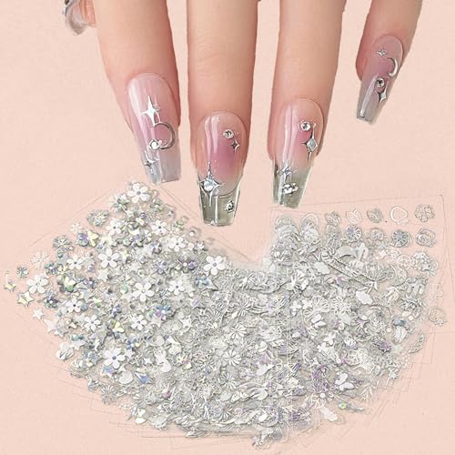 TOGZOM 30 Sheet Silver Nail Art Stickers 3D Self-Adhesive Nail Decals Star Moon Flower Leaf Stripe Design Aurora Laser Nail Stickers Heart Butterfly Nail Art Supplies DIY Nail Decoration for Women - Image 1