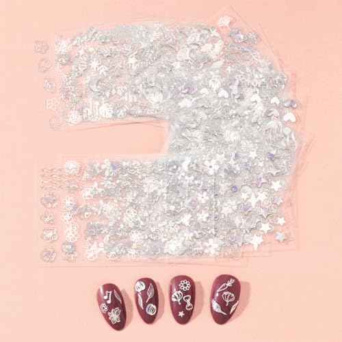 TOGZOM 30 Sheet Silver Nail Art Stickers 3D Self-Adhesive Nail Decals Star Moon Flower Leaf Stripe Design Aurora Laser Nail Stickers Heart Butterfly Nail Art Supplies DIY Nail Decoration for Women - Image 3