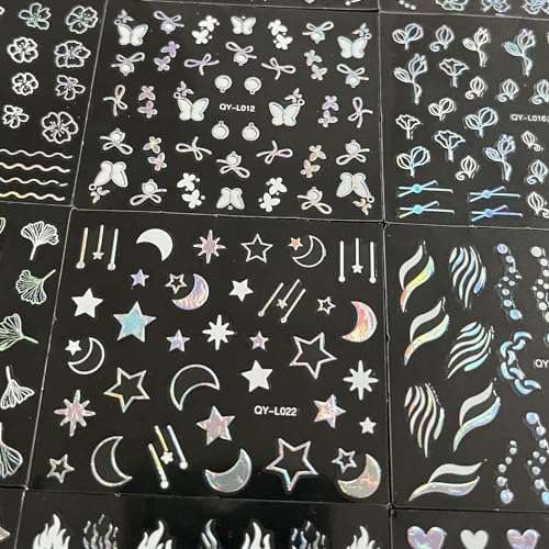 TOGZOM 30 Sheet Silver Nail Art Stickers 3D Self-Adhesive Nail Decals Star Moon Flower Leaf Stripe Design Aurora Laser Nail Stickers Heart Butterfly Nail Art Supplies DIY Nail Decoration for Women - Image 5