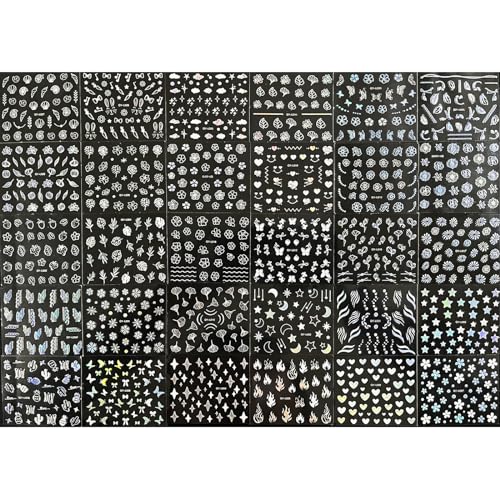 TOGZOM 30 Sheet Silver Nail Art Stickers 3D Self-Adhesive Nail Decals Star Moon Flower Leaf Stripe Design Aurora Laser Nail Stickers Heart Butterfly Nail Art Supplies DIY Nail Decoration for Women - Image 2