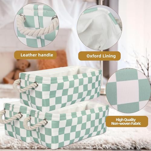 BBSET 3Pcs Sage Green Checkered Canvas Basket Small Rectangular Organizing Decorative Storage Basket for Kids Dog Toy Cute Aesthetic Checkered Room Decor for Home Bedroom Shelves Green - Image 3