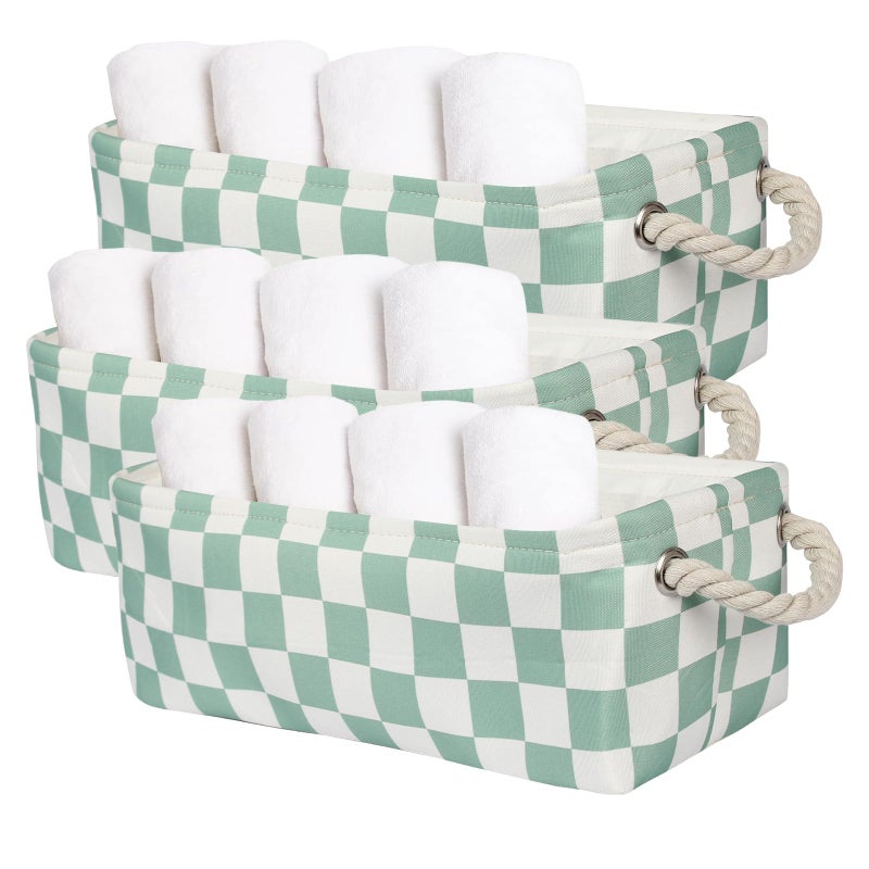 BBSET 3Pcs Sage Green Checkered Canvas Basket Small Rectangular Organizing Decorative Storage Basket for Kids Dog Toy Cute Aesthetic Checkered Room Decor for Home Bedroom Shelves Green - Image 2