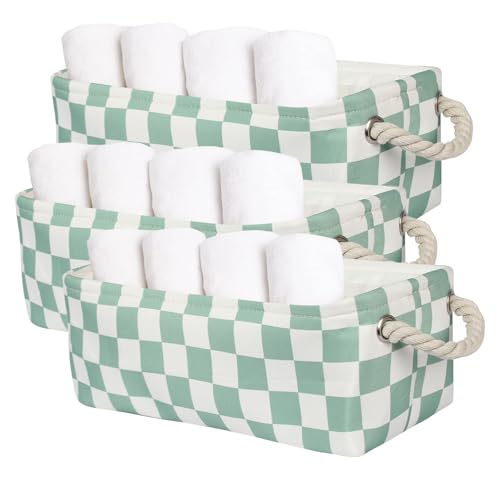BBSET 3Pcs Sage Green Checkered Canvas Basket Small Rectangular Organizing Decorative Storage Basket for Kids Dog Toy Cute Aesthetic Checkered Room Decor for Home Bedroom Shelves Green - Image 1