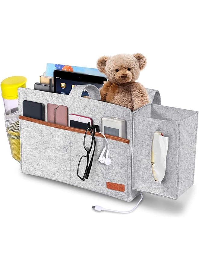 The Bros Bedside Pocket Felt Hanging Storage Bag with Tissue Box and Water Bottle Holder, Dorm Bedroom Bed Sofa Organizer for Phone, Tablet, Remote, Magazines, Light Grey  - Image 1