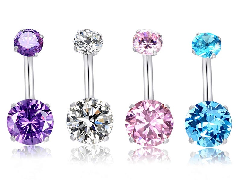 HQLA 14G Belly Button Rings Surgical Stainless Steel Round Cubic Zirconia Navel Barbell Stud Body Piercing (4Pcs(Clear+Pink+Purple+Blue)) - Image 1