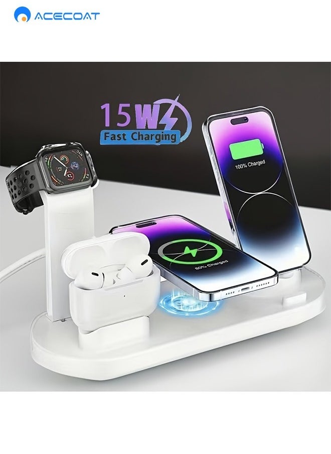ACECOAT - 6 in 1 Wireless Charging Station, 360° Rotatable Charging Dock for Apple/Micro/Type C Phones/Airpods, 15W Qi Wireless Fast Charge for iPhone 8/9/10/11 Series/12 Series/Samsung, Stand for iWatch - Image 1