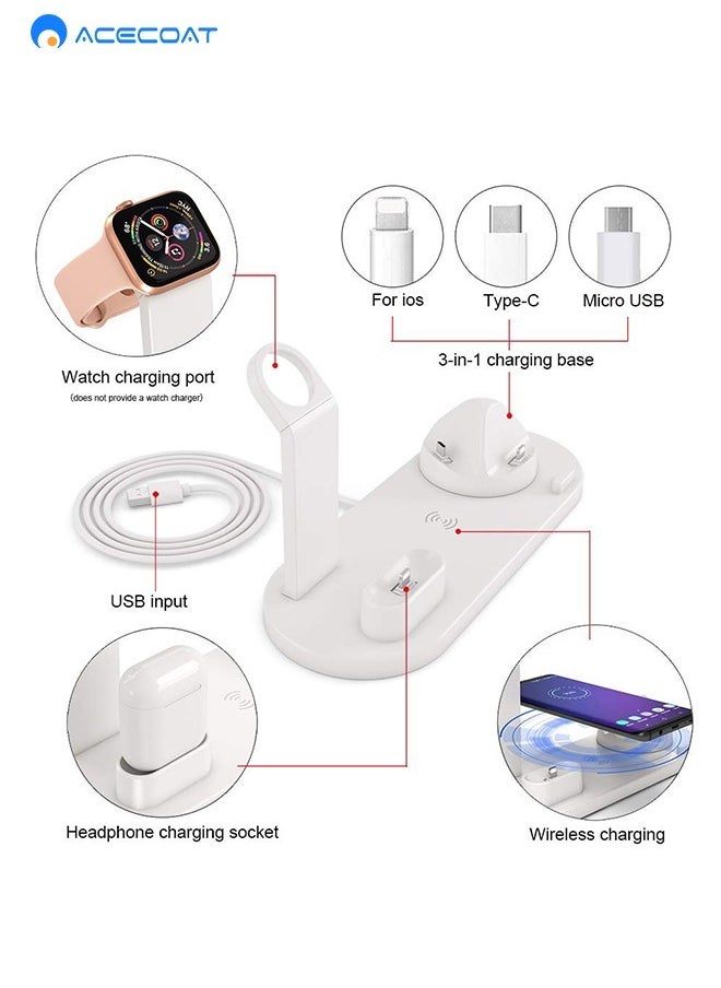 ACECOAT - 6 in 1 Wireless Charging Station, 360° Rotatable Charging Dock for Apple/Micro/Type C Phones/Airpods, 15W Qi Wireless Fast Charge for iPhone 8/9/10/11 Series/12 Series/Samsung, Stand for iWatch - Image 1