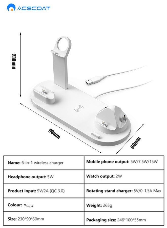 ACECOAT - 6 in 1 Wireless Charging Station, 360° Rotatable Charging Dock for Apple/Micro/Type C Phones/Airpods, 15W Qi Wireless Fast Charge for iPhone 8/9/10/11 Series/12 Series/Samsung, Stand for iWatch - Image 1