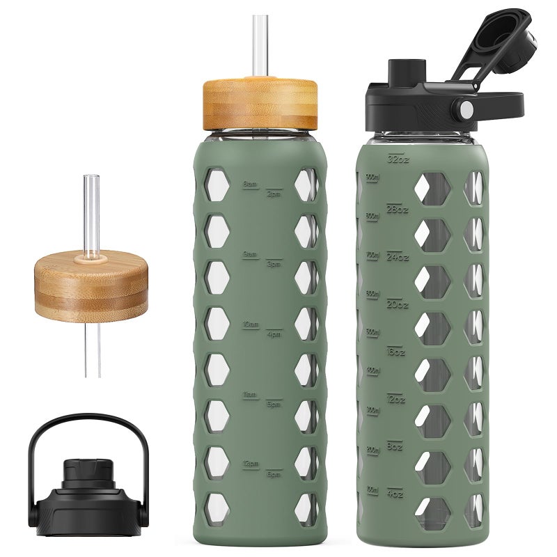 MUKOKO Glass Water Bottles 32oz Glass Tumbler with Straw Drinking Bottles with 2 LidsHandle Spout LidBamboo Straw Lid Motivational Water Bottle with Time Marker and Silicone Sleeve 1 PackOlive