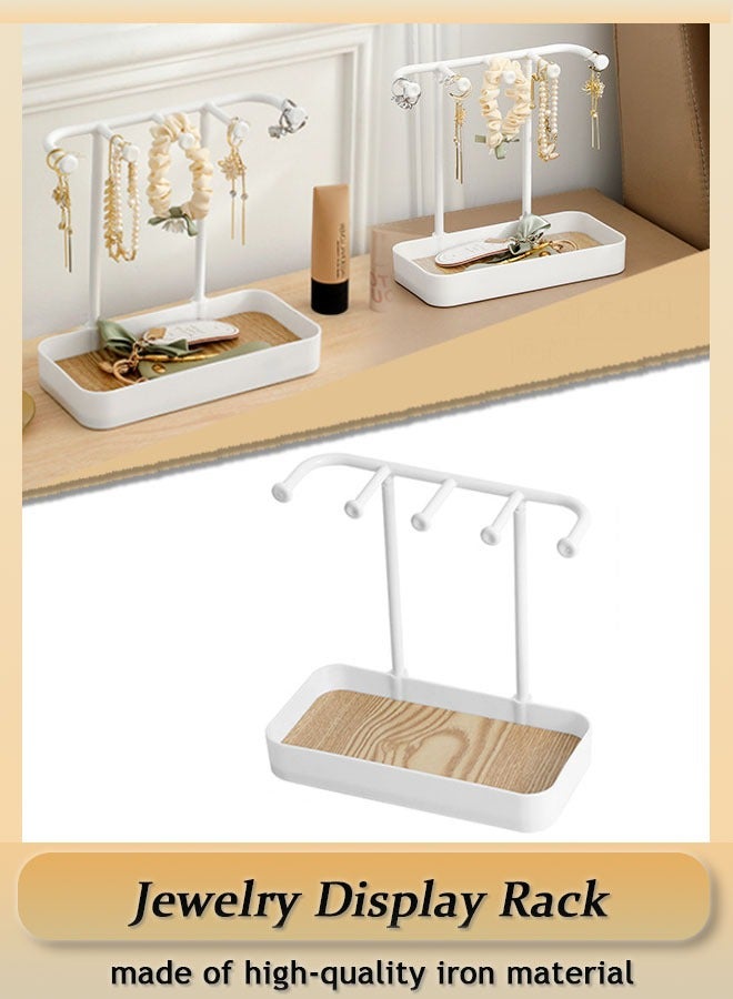 Multifunctional Jewelry Display Stand Necklace Ring Earring Hanging Storage Rack Bold Shelf Non-slip Base Removable Wooden Tray Desktop Jewelry Organizer Stand(White) - Image 1