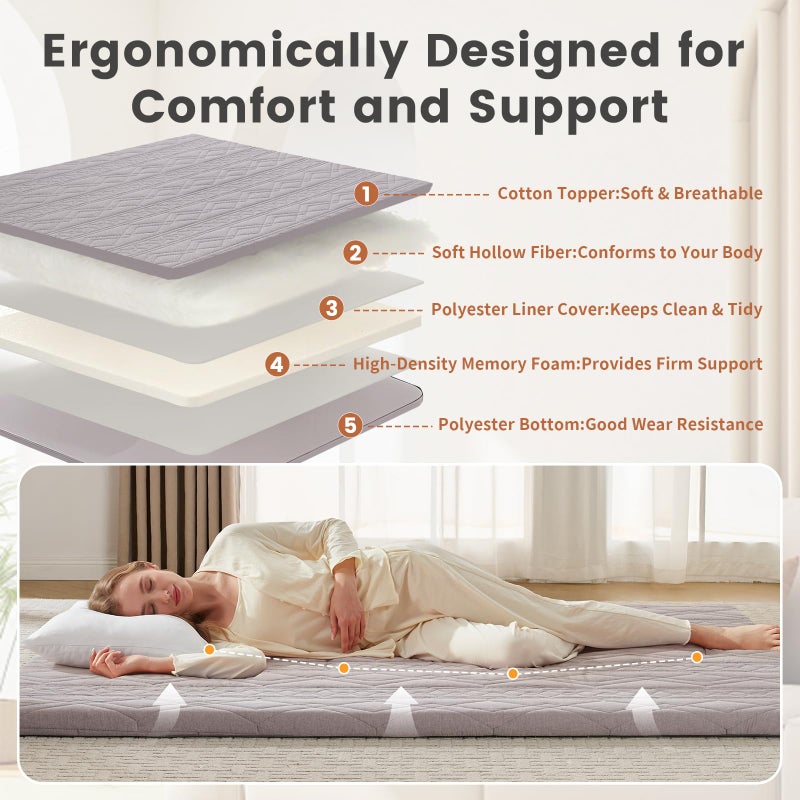 Mollydot Japanese Floor Mattress Futon Mattress, 100% Cotton Washable Cover, Roll Up 2.5" Thick Tatami Mat, Portable & Foldable Floor Bed Mattress for Sleeping, Guest Room, Dormitory (Queen, Grey) - Image 2
