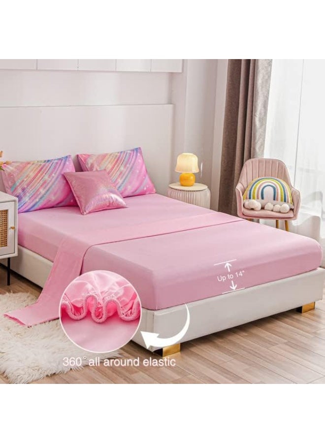 Btargot 6 Pieces Pink Gradient Star Ring Comforter Set for Boys Girls Teens, Twin Size Colorful Glitter Rainbow Star Galaxy Bedding Set - Image 4