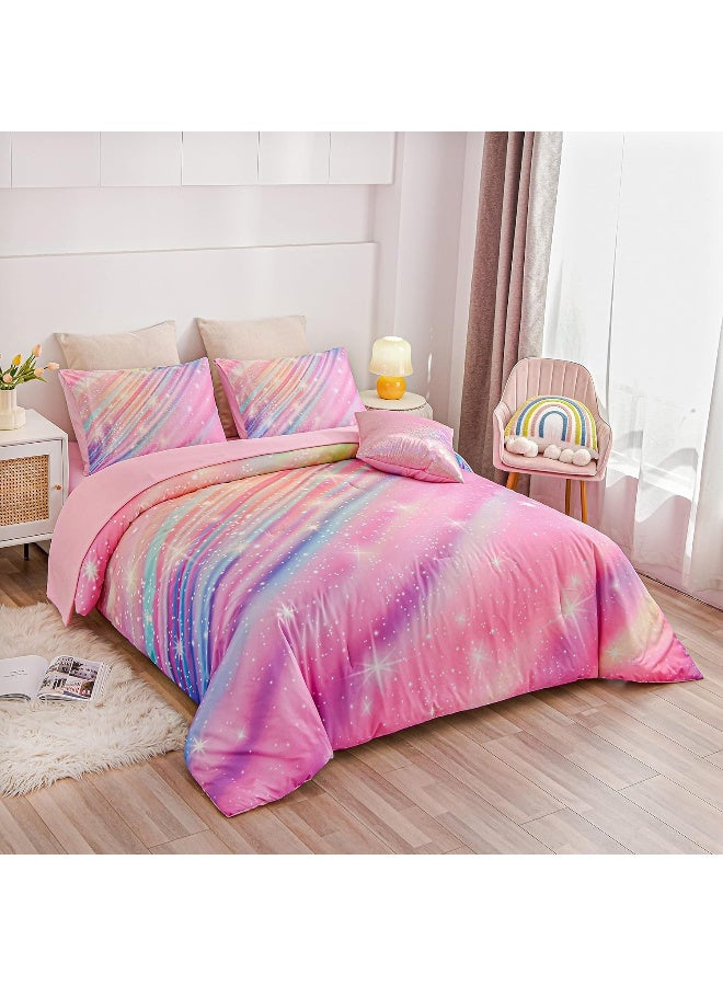 Btargot 6 Pieces Pink Gradient Star Ring Comforter Set for Boys Girls Teens, Twin Size Colorful Glitter Rainbow Star Galaxy Bedding Set - Image 2