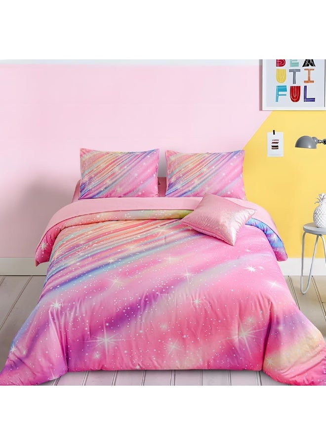 Btargot 6 Pieces Pink Gradient Star Ring Comforter Set for Boys Girls Teens, Twin Size Colorful Glitter Rainbow Star Galaxy Bedding Set - Image 1