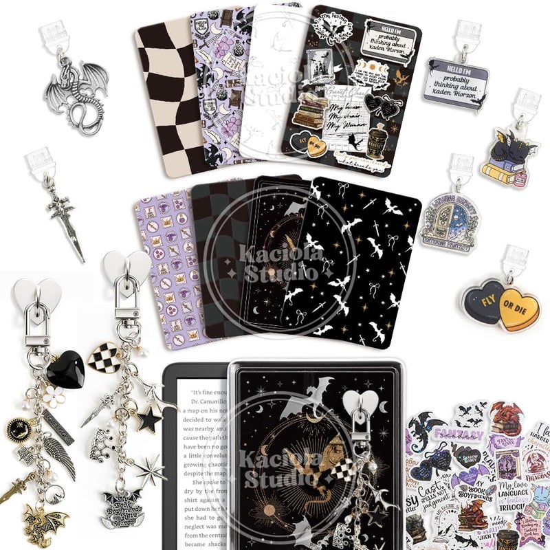 KACIOLA STUDIO 8PCS Inserts Cardstock Set for E-Reader, 6 Type C Charms and 2 Chains with 50PCS Stickers for Clear Case, 6.9"x4.8" Insert for Paper White11th/12th, Gifts for Booklovers (Fantasy) - Image 1