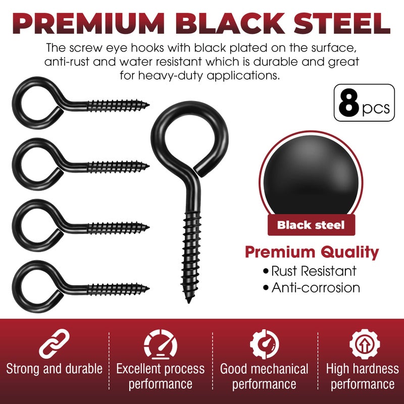 PAMAZY 8PCS Screw Eyes, 3.2 Inch Black Eye Hooks Screw Self Tapping Eye, Heavy Duty Eye Bolt for Wood Securing Cables Wire, Hammock Stand, Indoor & Outdoor Use - Image 2