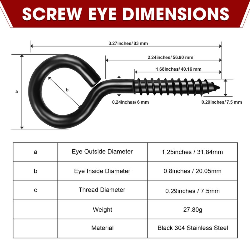 PAMAZY 8PCS Screw Eyes, 3.2 Inch Black Eye Hooks Screw Self Tapping Eye, Heavy Duty Eye Bolt for Wood Securing Cables Wire, Hammock Stand, Indoor & Outdoor Use - Image 3