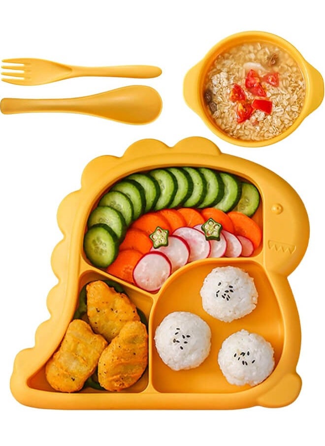 Riolio Baby Plate, 4 Piece Baby Plate, Children's Plate for Toddlers, Toddler Plate, Baby Plate for Toddlers and Children, Spoon + Fork, Can be in the Dishwasher and Microwave, Baby Tableware, Lemon Yellow  - Image 1