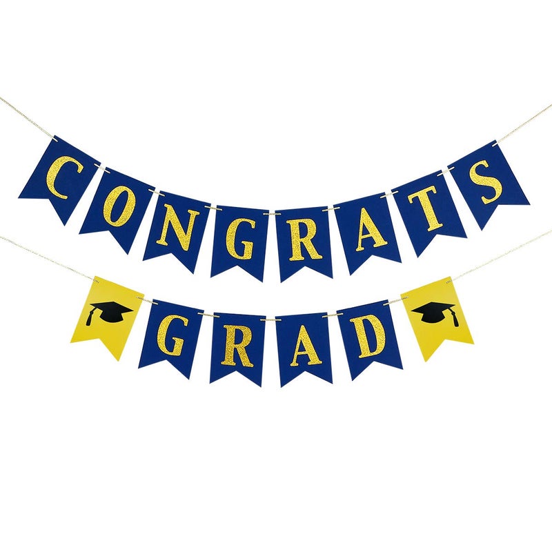 Congrats Grad Banner Blue and Gold Glitter Congratulations Graduation Banner Congrats Grad Sign Decorations for Blue and Gold Congratulations College Graduation Party Decorations 2025